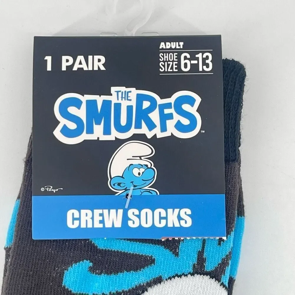 Smurfs Adult Crew Socks Black Blue Graphic Unisex Size 6–13 Throwback Vibe